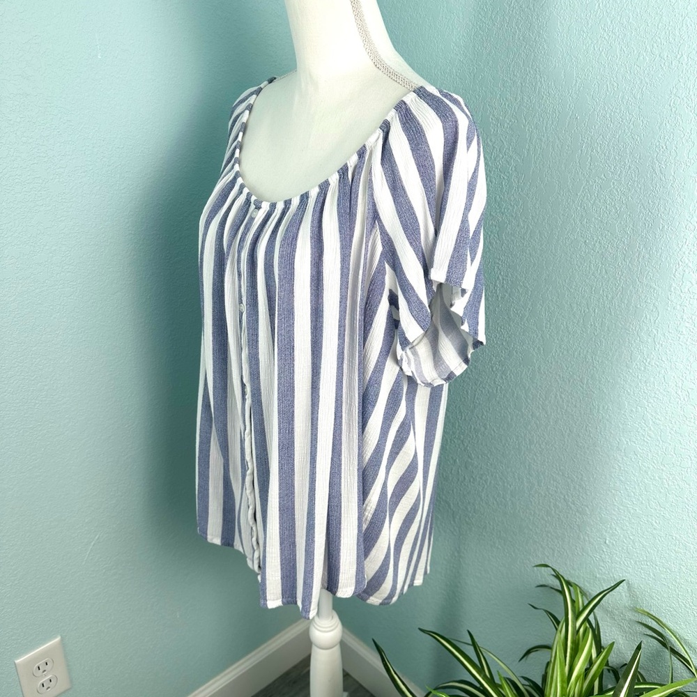 Lane Bryant Plus Size 24 Blue & White Striped On/Off Shoulder Top EUC Vacation